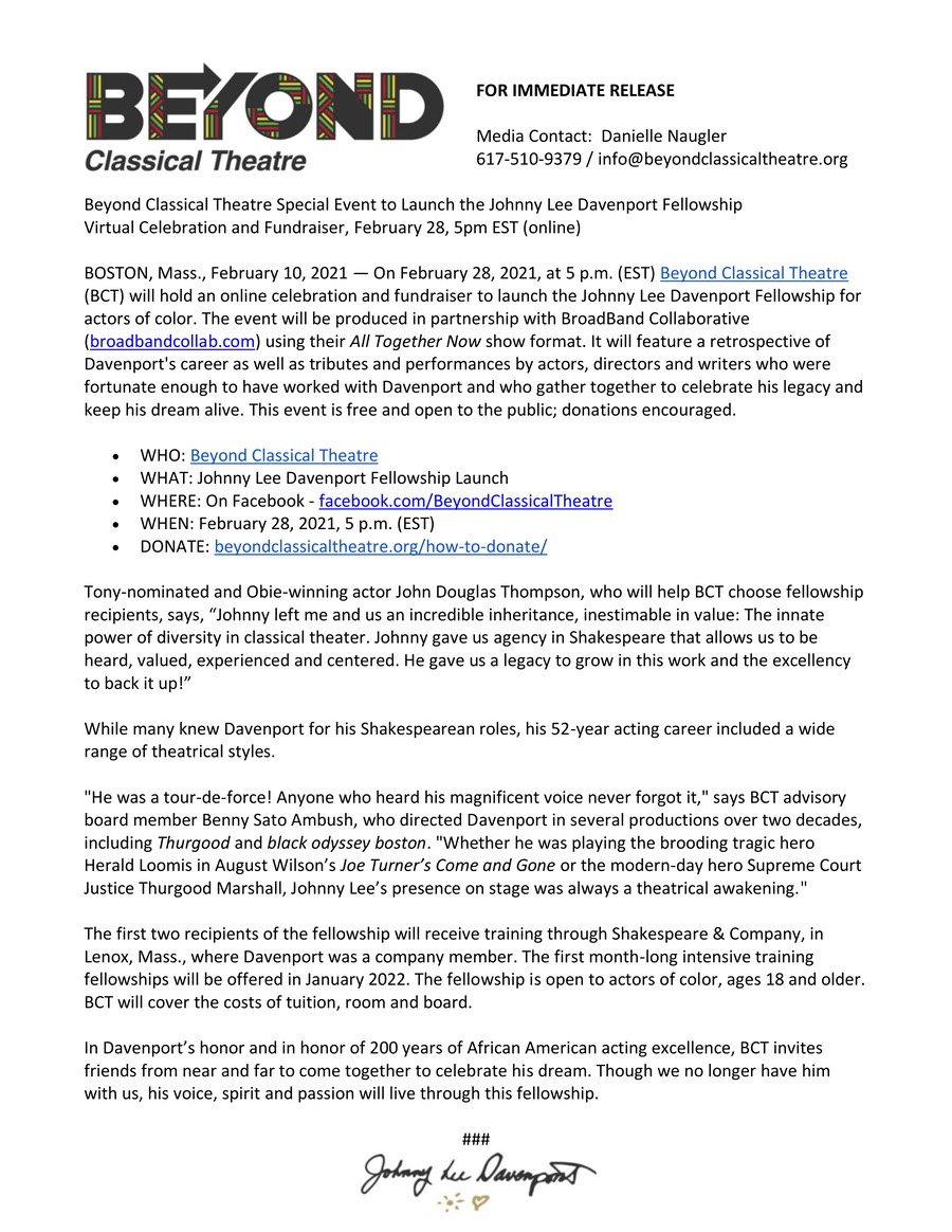 Press Release - Johnny Lee Davenport Fellowship